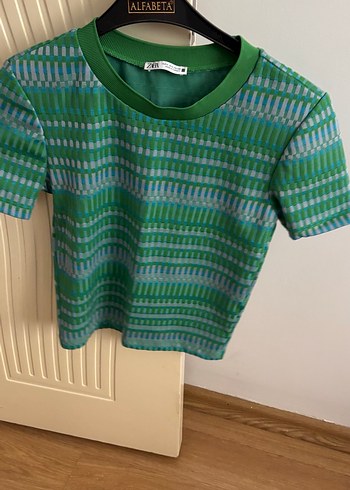 Zara Triko Yeşil Kısa Kollu Örgü Crop Tişört