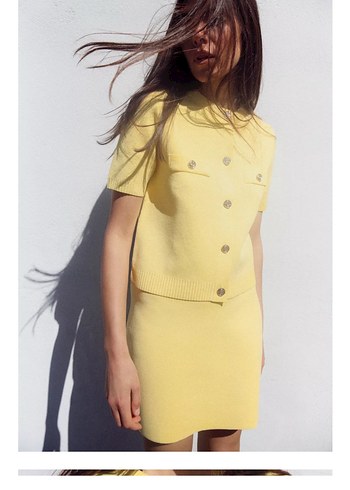 Zara Sarı Mini Düğmeli Kısa Kollu Triko