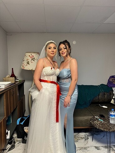 Taşlı buz mavisi saten abiye elbise - Görsel 8