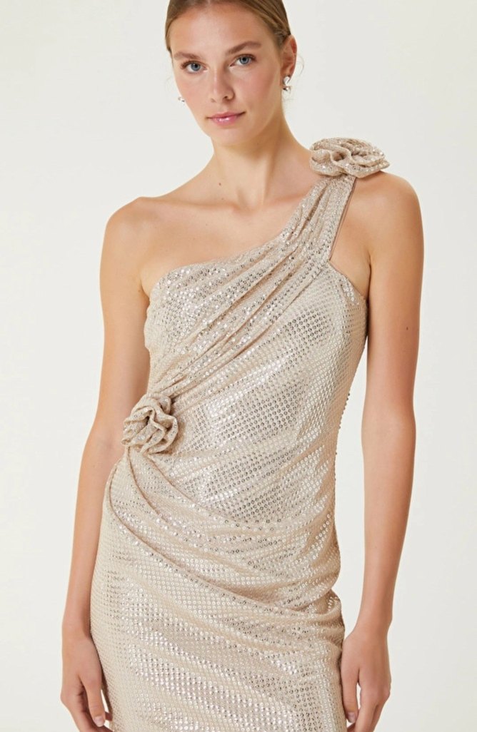 NETWORK Parlak Payet çiçek detay Mini Abiye Elbise - Görsel 4