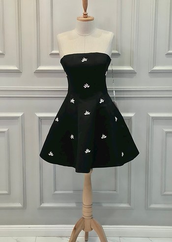 Taş  İşlemeli Siyah Mini Straplez Elbise - Görsel 2