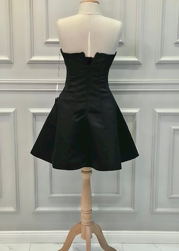 Taş  İşlemeli Siyah Mini Straplez Elbise - Görsel 7