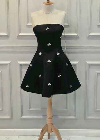 Taş  İşlemeli Siyah Mini Straplez Elbise - Görsel 3