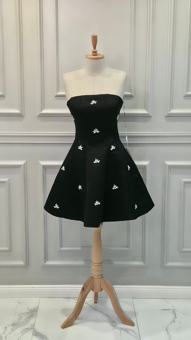 Taş  İşlemeli Siyah Mini Straplez Elbise - Görsel 2