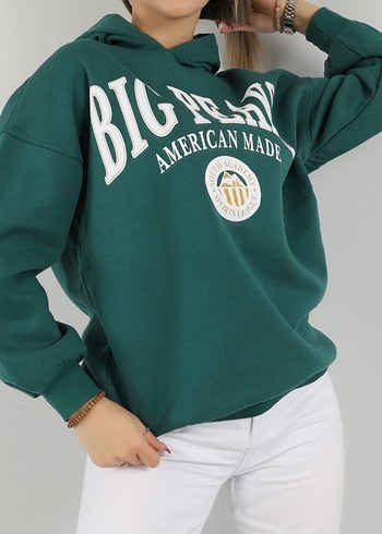 36 Beden Yeşil Kapüşonlu Baskılı Sweatshirt