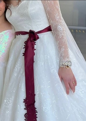 Dantel Kollu Straplez Midi Gelinlik - Görsel 4