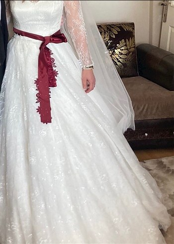 Dantel Kollu Straplez Midi Gelinlik - Görsel 5