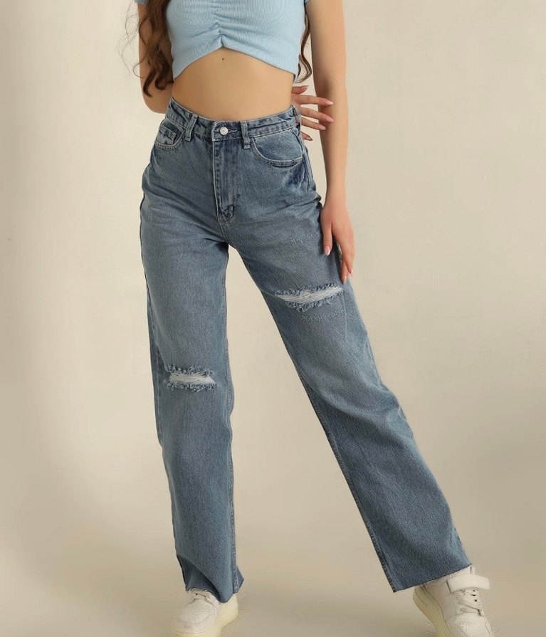 Mavi Yırtık Detaylı Bol Kesim Jean - Görsel 2