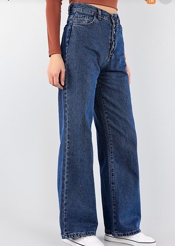 Düğmeli Loose Fit Mavi Kadın Kot Pantolon - Görsel 2