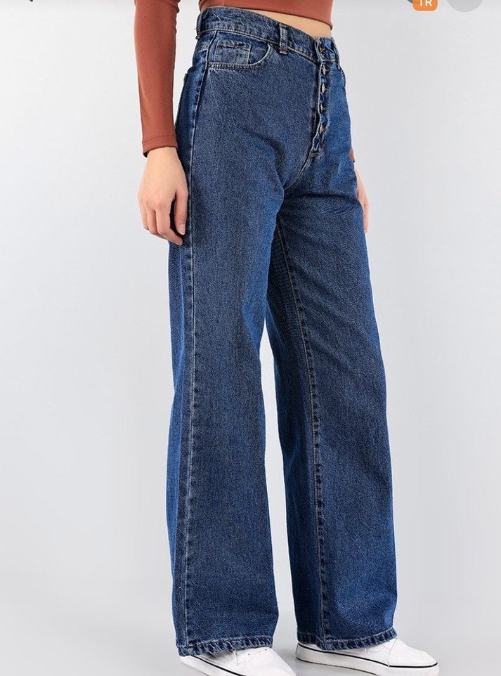 Düğmeli Loose Fit Mavi Kadın Kot Pantolon - Görsel 2