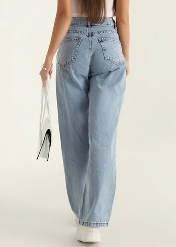 Kadın Mavi Bol Kesim Midi Kot Pantolon - Görsel 4