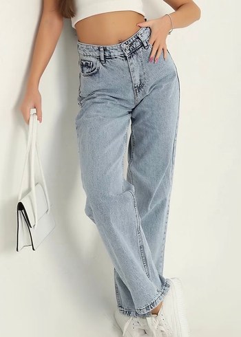 Kadın Mavi Bol Kesim Midi Kot Pantolon - Görsel 3