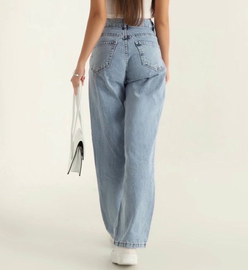 Kadın Mavi Bol Kesim Midi Kot Pantolon - Görsel 4