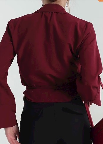 Bordo Kemerli Midi Kadın Gömlek - Görsel 4