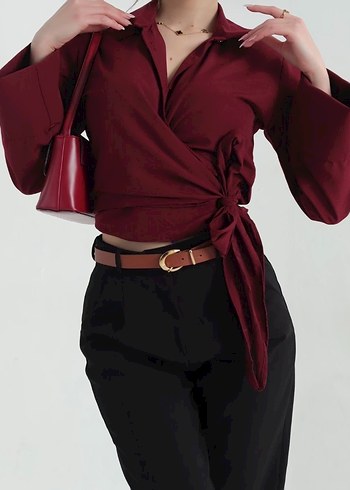 Bordo Kemerli Midi Kadın Gömlek - Görsel 2