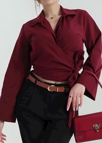 Bordo Kemerli Midi Kadın Gömlek - Görsel 3