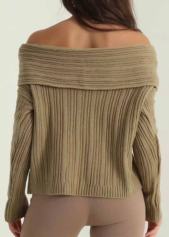 Kadın haki Kayık Yaka Örgü Kazak - Görsel 4