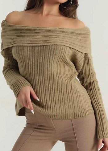 Kadın haki Kayık Yaka Örgü Kazak - Görsel 3
