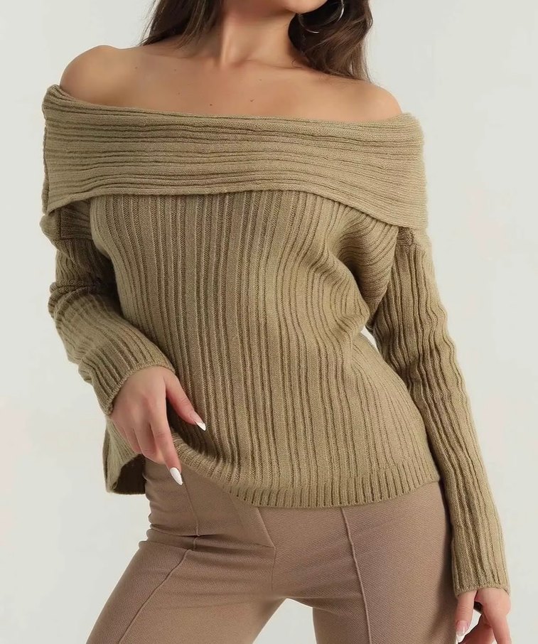 Kadın haki Kayık Yaka Örgü Kazak - Görsel 3