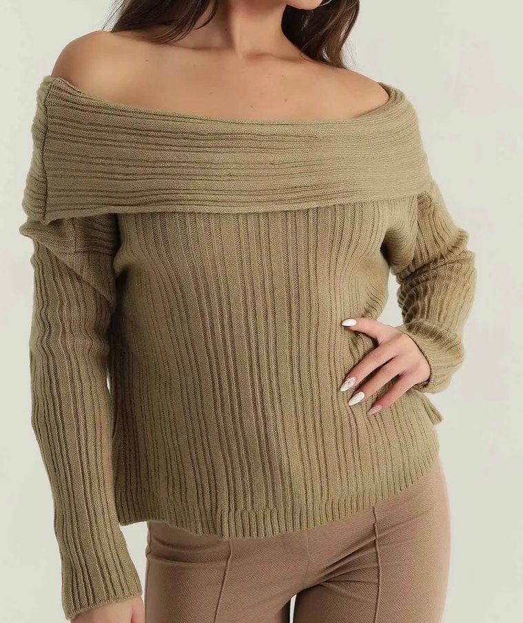 Kadın haki Kayık Yaka Örgü Kazak - Görsel 2
