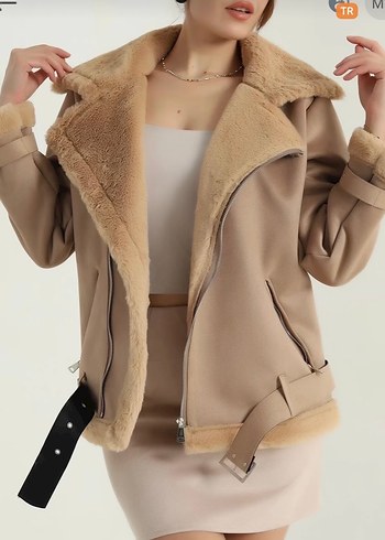 Bej Süet Kürklü Kısa Kadın Ceket - Görsel 2