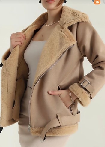 Bej Süet Kürklü Kısa Kadın Ceket - Görsel 3