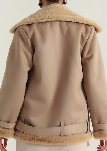 Bej Süet Kürklü Kısa Kadın Ceket - Görsel 4