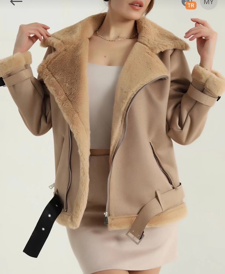 Bej Süet Kürklü Kısa Kadın Ceket - Görsel 2