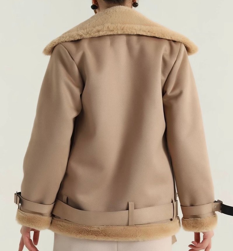 Bej Süet Kürklü Kısa Kadın Ceket - Görsel 4