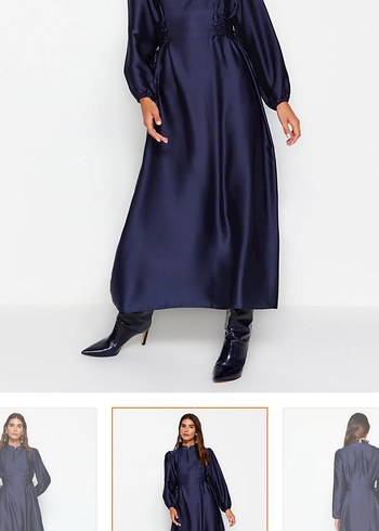Beli britli saten lacivert elbise