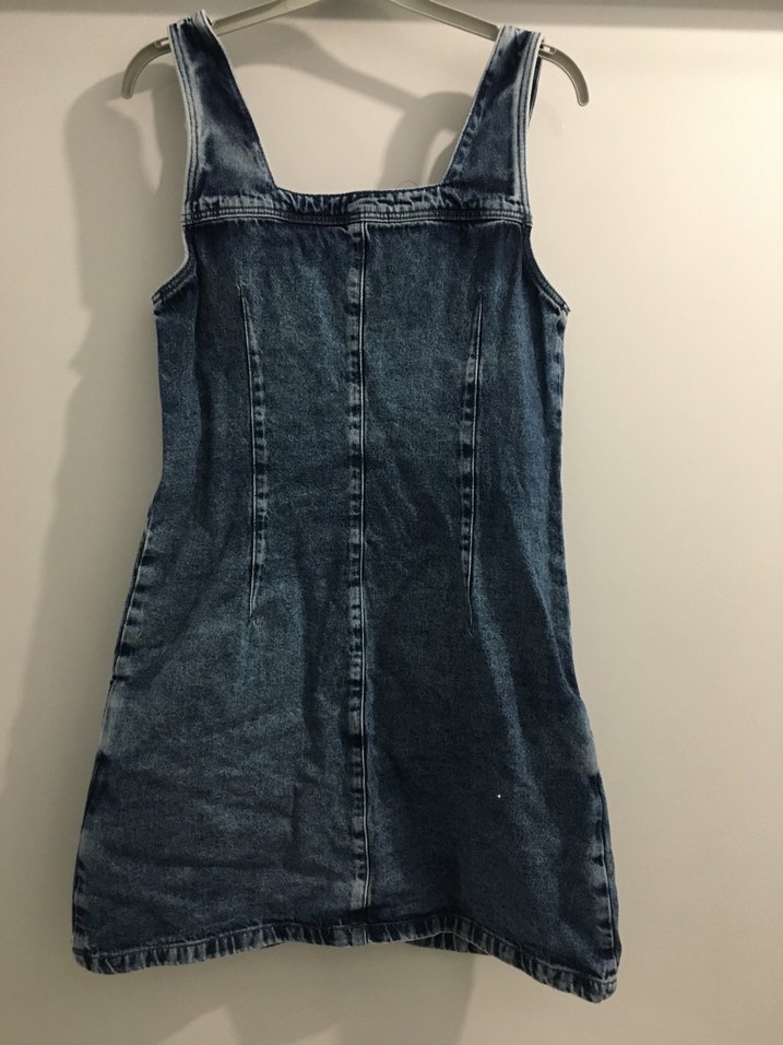 Düğmeli Mavi Denim Mini Salopet - Görsel 2