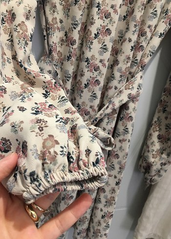 s Beden Bej Çiçek Desenli Uzun Kollu Bohem Kadın Pijama Takımı