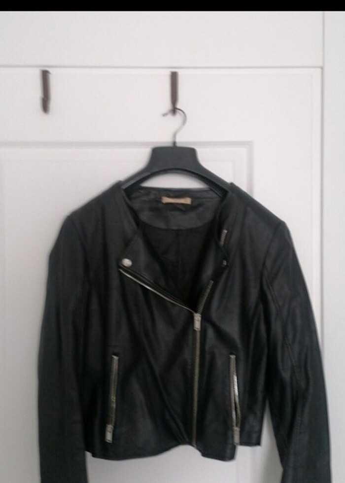 kadın siyah deri ceket mango - Görsel 2