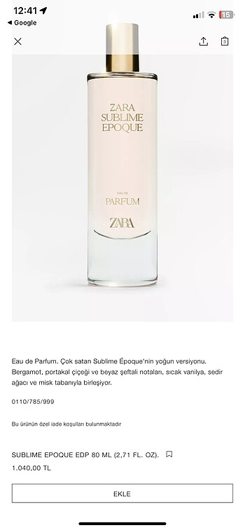 Beden ZARA SUBLIME EPOQUE EDP 80 ML