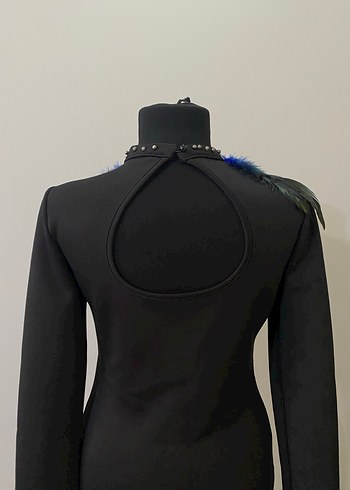 Kollu, Kürklü Siyah Mini Elbise - Görsel 5