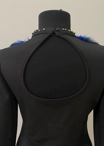 Kollu, Kürklü Siyah Mini Elbise - Görsel 4