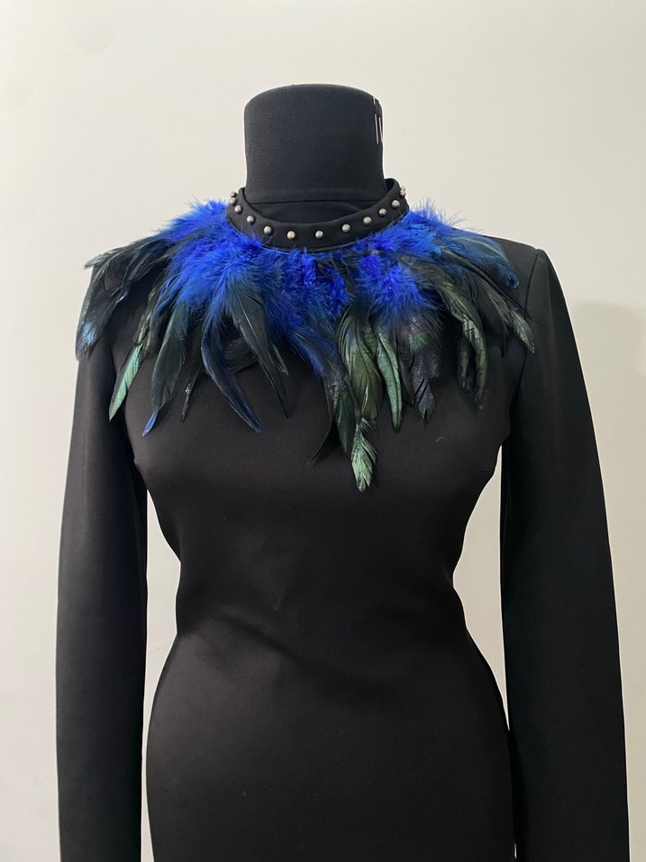 Kollu, Kürklü Siyah Mini Elbise - Görsel 2