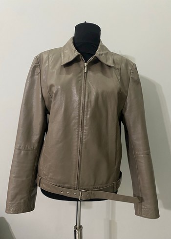 Bej Deri Kadın Ceket Kemerli - Görsel 2