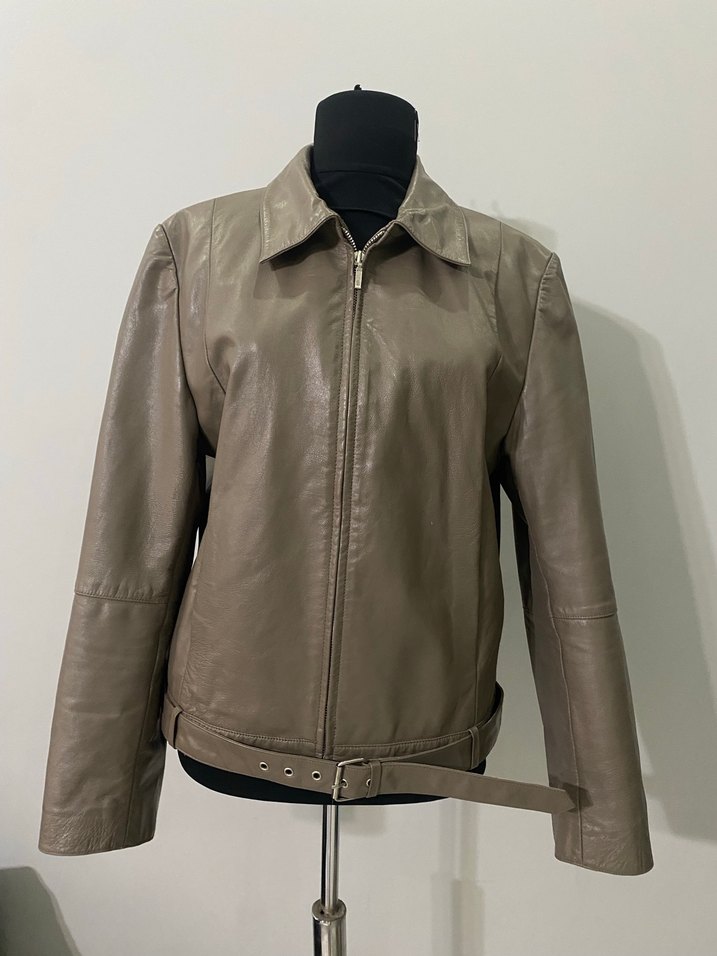 Bej Deri Kadın Ceket Kemerli - Görsel 2