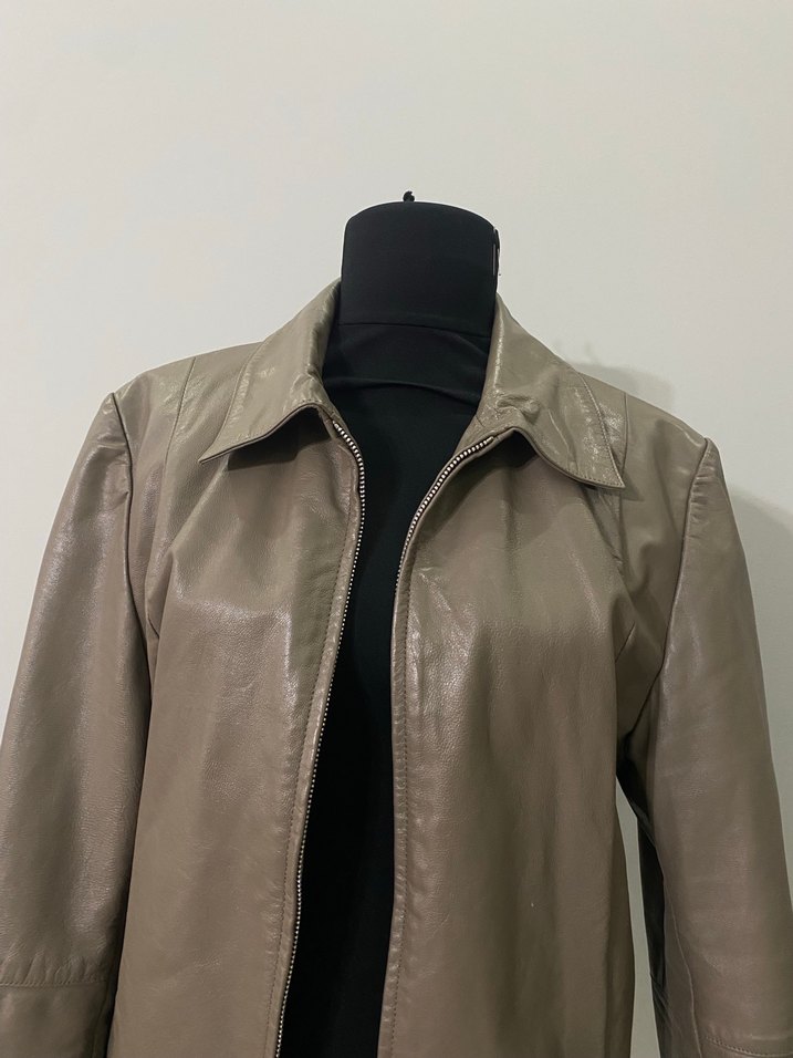 Bej Deri Kadın Ceket Kemerli - Görsel 4