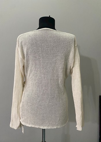 Kadın Beyaz V Yaka Örgü Salaş Kazak - Görsel 4