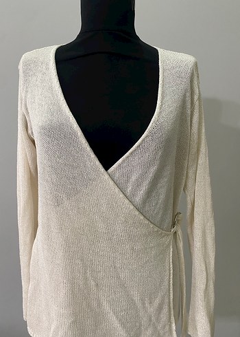 Kadın Beyaz V Yaka Örgü Salaş Kazak - Görsel 2