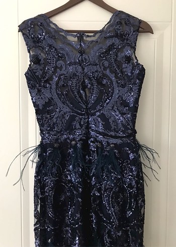 Lacivert Nakışlı Uzun Kadın Abiye Elbise - Görsel 5