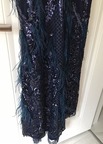 Lacivert Nakışlı Uzun Kadın Abiye Elbise - Görsel 4