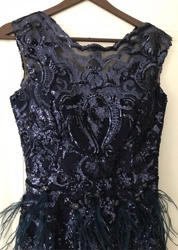 Lacivert Nakışlı Uzun Kadın Abiye Elbise - Görsel 3