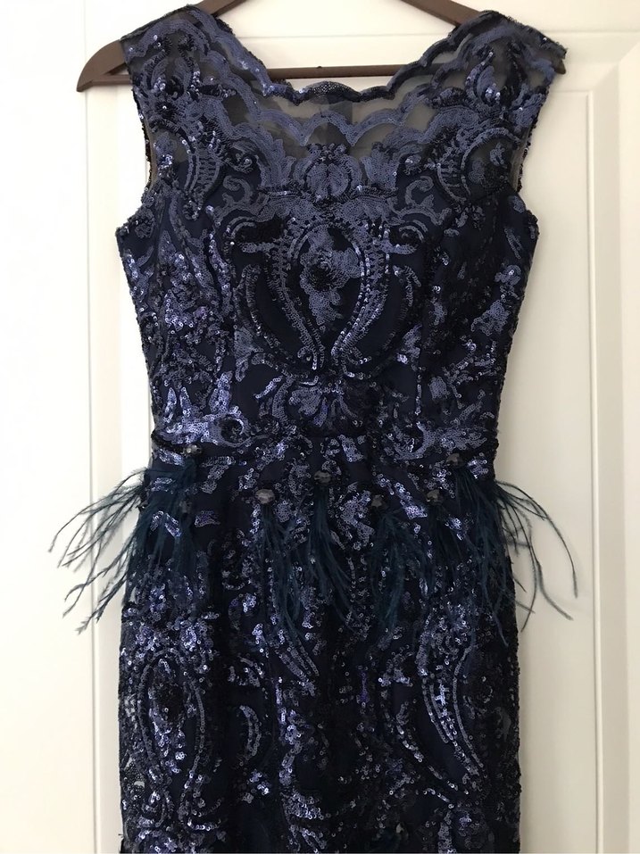 Lacivert Nakışlı Uzun Kadın Abiye Elbise - Görsel 2