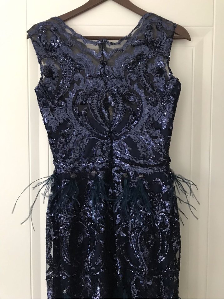 Lacivert Nakışlı Uzun Kadın Abiye Elbise - Görsel 5