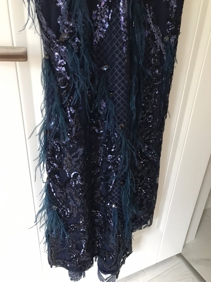 Lacivert Nakışlı Uzun Kadın Abiye Elbise - Görsel 4