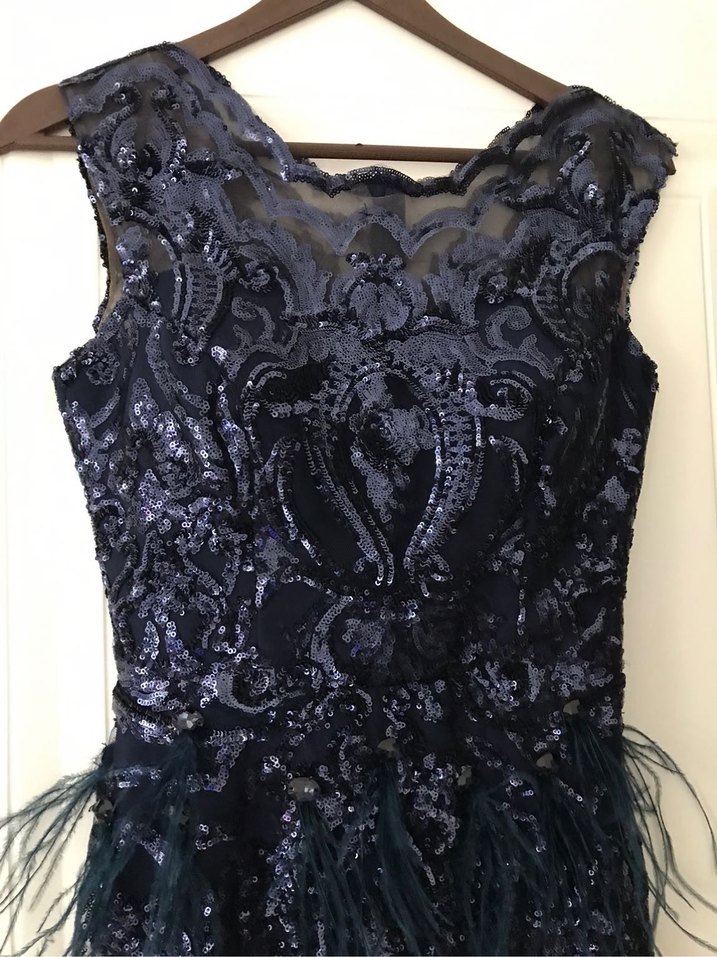 Lacivert Nakışlı Uzun Kadın Abiye Elbise - Görsel 3