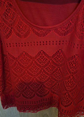 Dantel Detaylı Kırmızı Bohem Crop Top - Görsel 2